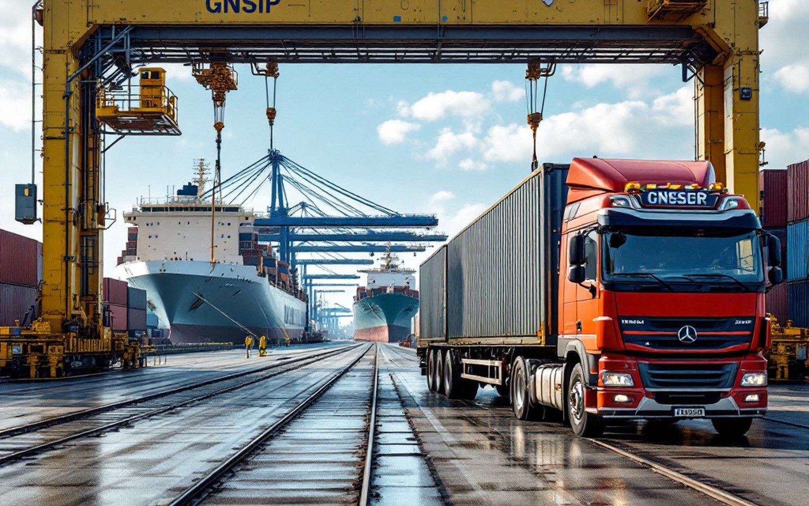 A container chassis and tractor unit at a terminal gate