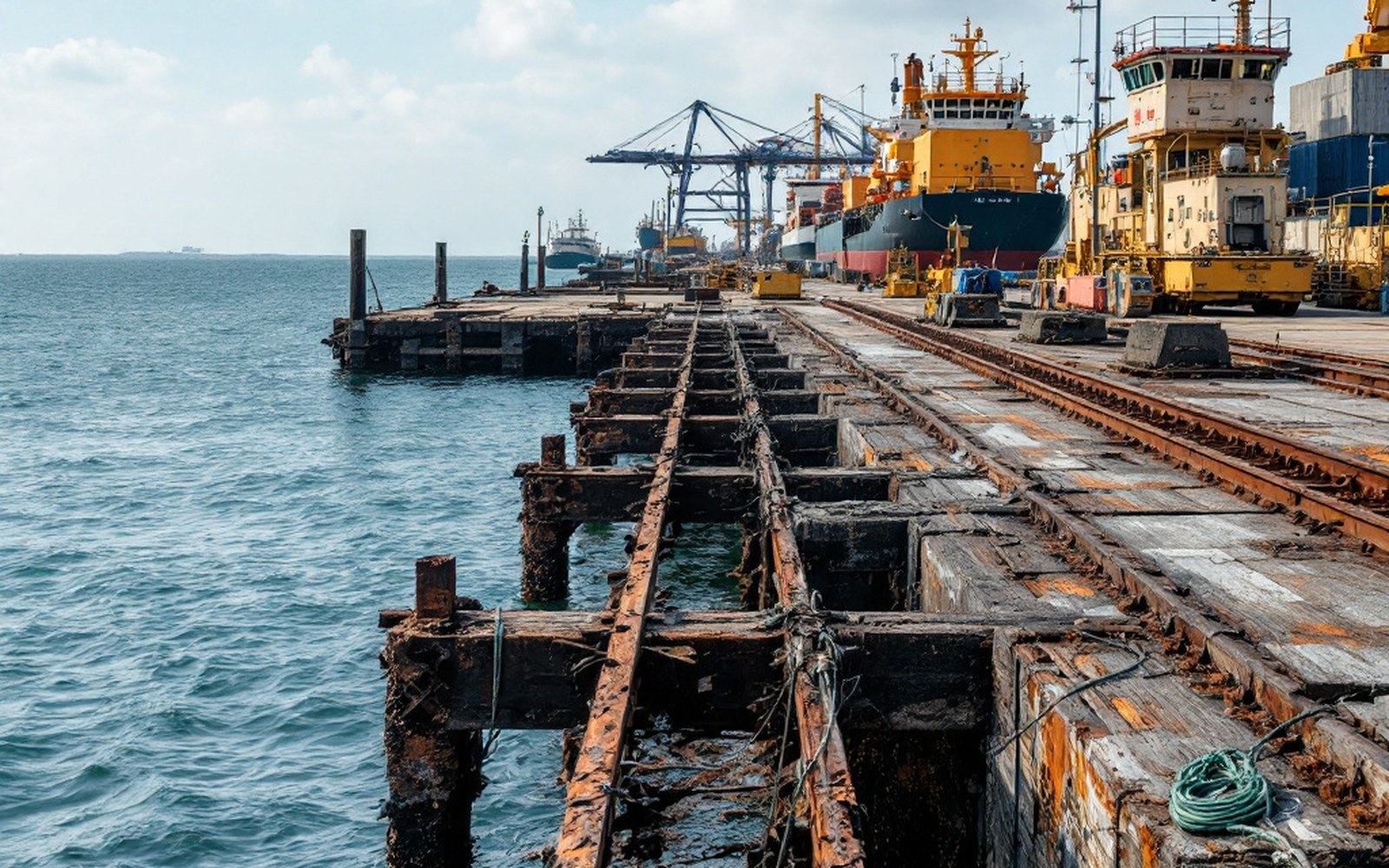 A disused finger pier with rotting timbers on a waterfront