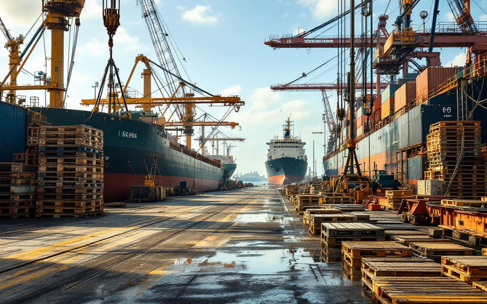 A general cargo quay with pallets and slings, older equipment