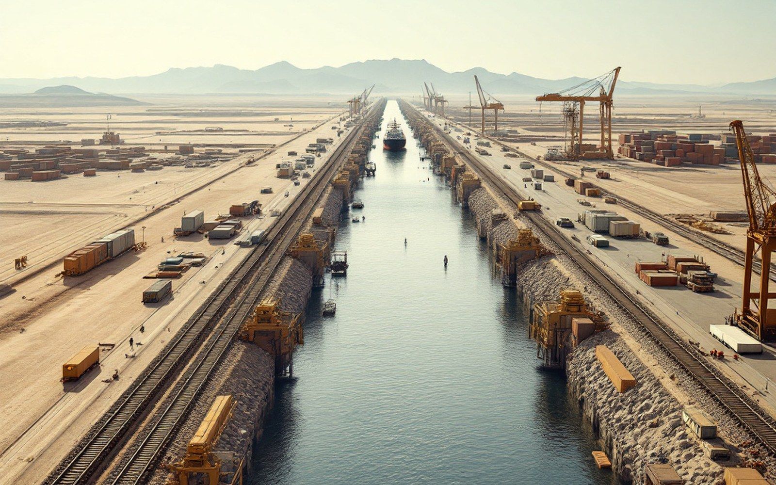 A canal cutting through flat desert with a ship in transit