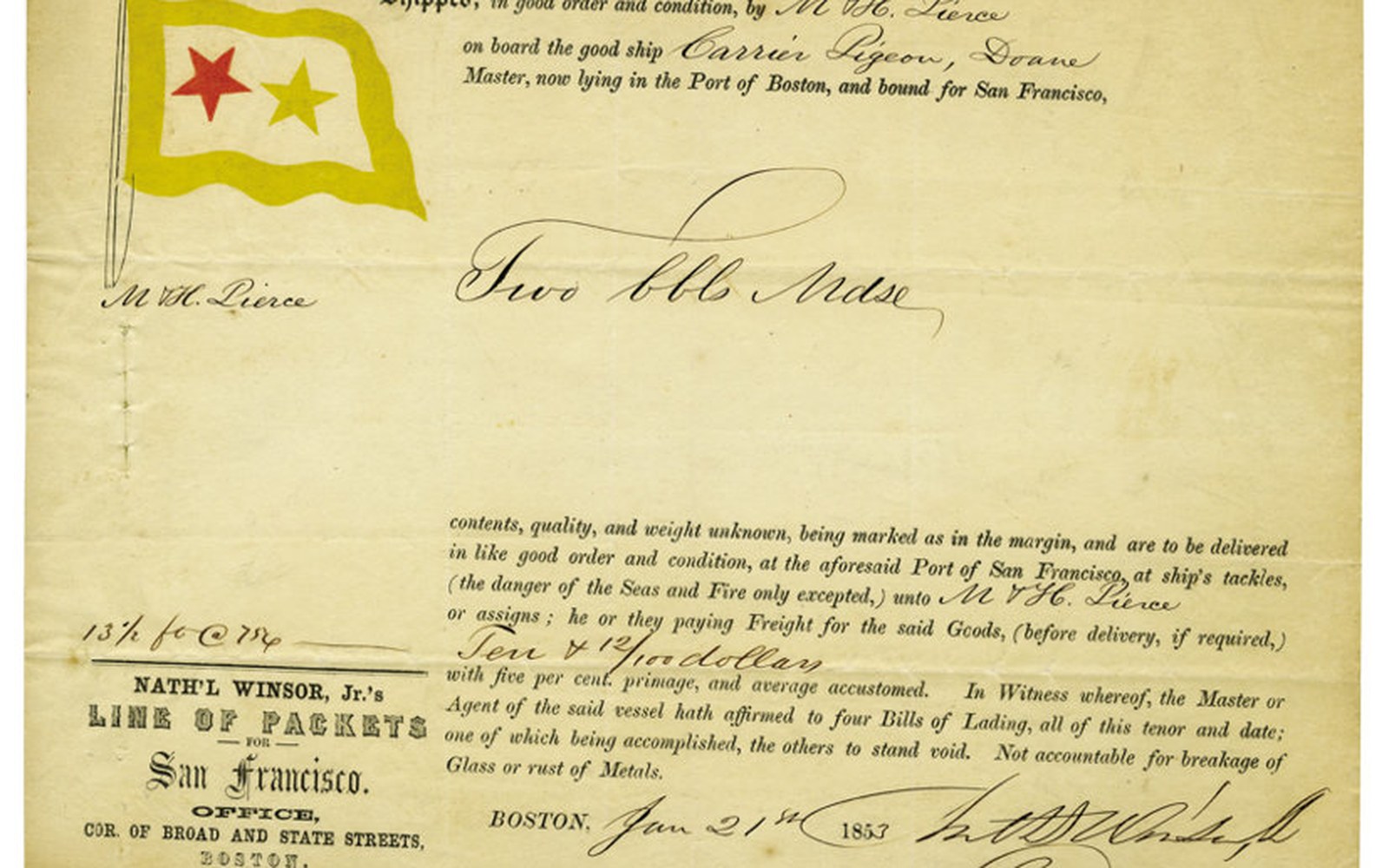 Handwritten 1853 bill of lading for the clipper ship Carrier Pigeon, bound for San Francisco