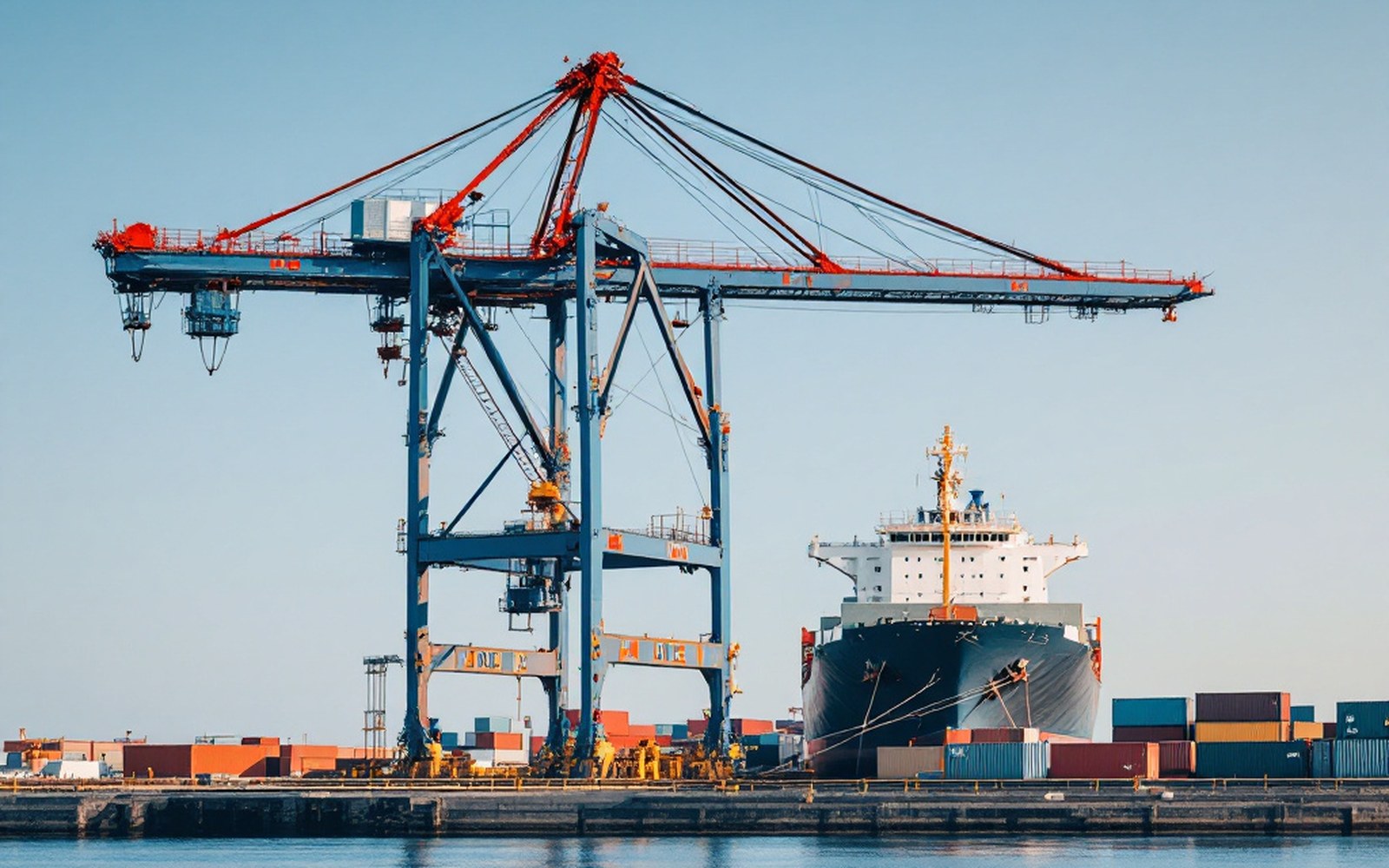 A ship-to-shore gantry crane against a flat sky above a container berth
